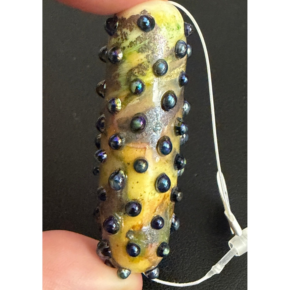 Lampwork Glass Focal Bead Yellow Green Iridescent Dotted Cylinder Artisan #155
